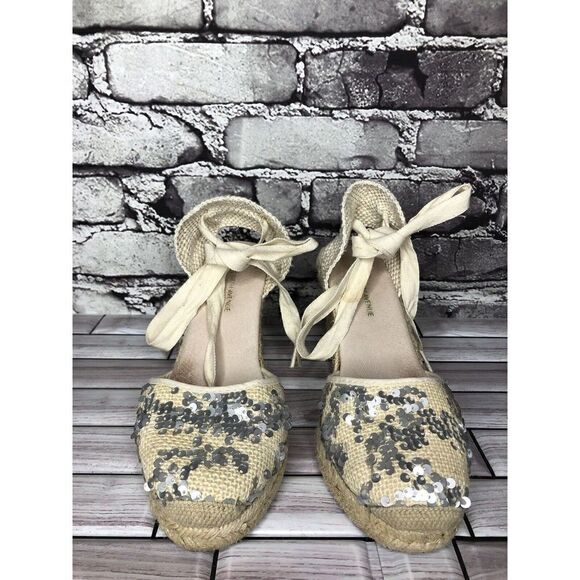 Saks Fifth Ave Ivory Fabric Sequin Ankle Lace Wedge Espadrilles Sandals Women 6M - Picture 6 of 16